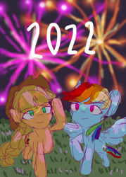 Size: 1000x1400 | Tagged: safe, artist:snowzaaah, applejack, rainbow dash, earth pony, pegasus, pony, g4, 2022, female, fireworks, happy new year, holiday, lesbian, ship:appledash, shipping