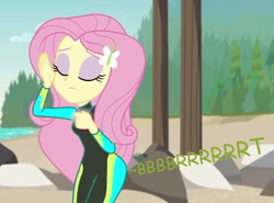 Size: 867x642 | Tagged: safe, artist:thedarkpony, edit, edited screencap, screencap, fluttershy, equestria girls, g4, my little pony equestria girls: better together, unsolved selfie mysteries, cropped, eyes closed, fart, fart edit, fart noise, female, fluttershy's wetsuit, onomatopoeia, sound effects, wetsuit