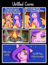 Size: 2160x2962 | Tagged: safe, artist:artiks, izzy moonbow, pipp petals, sunny starscout, earth pony, pegasus, pony, unicorn, g5, my little pony: a new generation, spoiler:my little pony: a new generation, comic, dialogue, fire, frown, high res, lidded eyes, looking at you, parody, scene interpretation, smiling