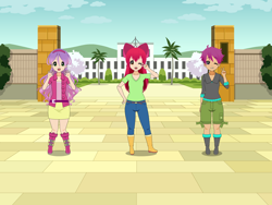 Size: 2000x1500 | Tagged: safe, artist:elizaveta2014, apple bloom, scootaloo, sweetie belle, human, g4, belt, boots, clothes, eyebrows, eyebrows visible through hair, female, grin, hand on hip, humanized, jeans, kisekae, looking at you, one eye closed, open mouth, open smile, pants, peace sign, shoes, smiling, smiling at you, trio, trio female, vest, wink, winking at you