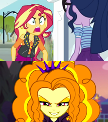 Size: 1920x2160 | Tagged: safe, edit, edited screencap, screencap, adagio dazzle, sci-twi, sunset shimmer, twilight sparkle, equestria girls, equestria girls specials, g4, my little pony equestria girls: better together, my little pony equestria girls: forgotten friendship, my little pony equestria girls: sunset's backstage pass, text support, angry, antagonist, evil smile, grin, rage, rageset shimmer, smiling, yelling
