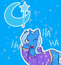 Size: 1906x2030 | Tagged: safe, artist:fuzzysocs, trixie, pony, unicorn, g4, alternate hairstyle, babysitter trixie, clothes, female, hoodie, laughing, mare, one eye closed, smiling, solo, teary eyes