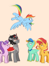 Size: 1280x1707 | Tagged: safe, artist:ddenver, king sombra, lightning dust, rainbow dash, starlight glimmer, sunset shimmer, pegasus, pony, unicorn, g4, fanfic art, female, flying, hat, male, stallion