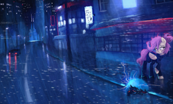 Size: 2259x1356 | Tagged: safe, artist:menalia, fluttershy, pegasus, pony, g4, aesthetics, alternate design, alternate hairstyle, bus stop, car, city, clothes, cyberpunk, electricity, error, female, glitch, gun, hoodie, lightning, looking at something, looking down, mare, neon, outdoors, pants, rain, raised hoof, scared, shoes, skyscraper, solo, street, turned head, weapon, wings