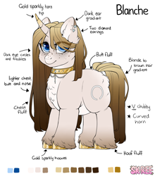 Size: 3444x3908 | Tagged: safe, artist:sk-ree, oc, oc only, oc:blanche vide, pony, unicorn, blue eyes, butt fluff, chest fluff, colored eartips, colored hooves, colored horn, curved horn, ear fluff, ear piercing, earring, eye clipping through hair, female, fluffy, freckles, gold hooves, gradient mane, gradient tail, high res, hoof fluff, hooves, horn, jewelry, looking at you, mare, necklace, pale belly, piercing, reference, reference sheet, simple background, solo, standing, tail, unshorn fetlocks, white background