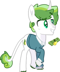 Size: 888x1051 | Tagged: safe, artist:rickysocks, oc, oc only, oc:viridian sage, pony, unicorn, coin, dollar, dreamworks face, eyebrows, eyebrows visible through hair, grin, horn, male, offspring, parent:fancypants, parent:rarity, parents:raripants, raised hoof, simple background, smiling, solo, teenager, transparent background, unicorn oc