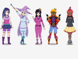 Size: 1032x774 | Tagged: safe, artist:icicle-nicicle-1517 kisekae, moondancer, starlight glimmer, sunset shimmer, trixie, twilight sparkle, human, g4, alternate hairstyle, belt, blushing, boots, caption, clothes, dark skin, ear piercing, earring, female, finger gun, glasses, gloves, grin, humanized, jewelry, kisekae, looking at you, piercing, shadow, shoes, shorts, simple background, skirt, smiling, smiling at you, socks, spiked braclet, stockings, sweater, text, thigh highs, waving at you, white background