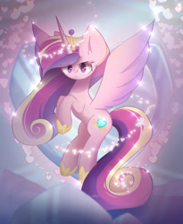 Size: 1800x2200 | Tagged: safe, artist:miryelis, princess cadance, alicorn, pony, g4, crown, crystal, crystal heart, cute, flying, full body, heart, jewelry, looking at you, regalia, smiling, smiling at you, solo, sparkles, wings