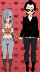 Size: 393x712 | Tagged: safe, artist:roseprincessmitia, marble pie, oc, human, g4, blushing, boots, canon x oc, clothes, duo, female, heart, heart background, holding hands, humanized, jeans, kisekae, male, pants, shipping, shoes, simple background, smiling, straight