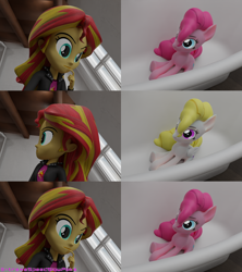 Size: 3000x3375 | Tagged: safe, artist:extremespeed slowpoke, pinkie pie, sunset shimmer, surprise, earth pony, pegasus, pony, equestria girls, g4, 3d, bathtub, blender, clothes, female, high res, jacket, looking at each other, looking at someone, looking away, mare, meme, sitting, window