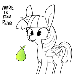 Size: 1440x1440 | Tagged: safe, artist:tjpones, twilight sparkle, alicorn, pony, g4, black and white, female, food, grayscale, mare, monochrome, partial color, pear, simple background, solo, twilight sparkle (alicorn), white background