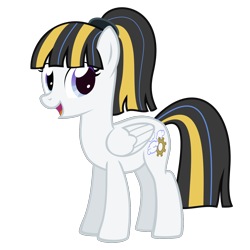 Size: 1500x1500 | Tagged: safe, artist:lewis20, artist:the smiling pony, oc, oc only, oc:tool clouds, pegasus, pony, 2022 community collab, derpibooru community collaboration, g4, .svg available, female, folded wings, full body, hair tie, hooves, looking at you, mare, multicolored mane, multicolored tail, open mouth, open smile, pegasus oc, ponytail, show accurate, simple background, smiling, smiling at you, solo, standing, svg, tail, three quarter view, transparent background, vector, wings