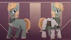 Size: 1920x1080 | Tagged: safe, artist:willoillo, oc, oc:easy peasy, pony, unicorn, fallout equestria, armor, bandana, commission, female, foe adventures, hoof blades, neckerchief, reference, synth