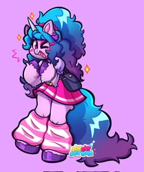 Size: 1709x2048 | Tagged: safe, artist:shyshyoctavia, izzy moonbow, unicorn, semi-anthro, g5, my little pony: a new generation, arm hooves, blushing, clothes, dress, ear piercing, earring, female, happy, jewelry, leg warmers, looking at you, one eye closed, open mouth, open smile, piercing, pink background, purse, simple background, skirt, smiling, solo, sparkles, wink, winking at you