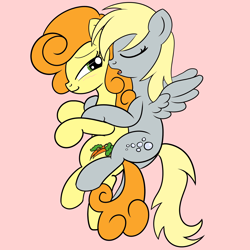 Size: 2000x2000 | Tagged: safe, artist:dafiltafish, carrot top, derpy hooves, golden harvest, earth pony, pegasus, pony, g4, blushing, cuddling, derpy riding carrot top, duo, duo female, female, high res, lesbian, mare, ponies riding ponies, riding, ship:derpytop, shipping