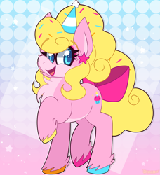 Size: 1825x2000 | Tagged: safe, artist:saveraedae, oc, oc only, oc:sugar sprinkles, earth pony, pony, bow, earth pony oc, female, hat, looking at you, mare, party hat, raised hoof, solo, tail, tail bow