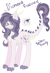 Size: 2076x3000 | Tagged: safe, artist:iheyyasyfox, oc, oc only, oc:diamond emerald, dracony, hybrid, chest fluff, claws, female, high res, horns, interspecies offspring, mare, offspring, parent:rarity, parent:spike, parents:sparity, simple background, white background