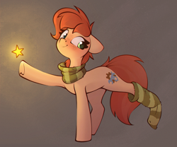 Size: 1286x1071 | Tagged: safe, artist:rexyseven, oc, oc only, oc:rusty gears, earth pony, pony, clothes, extended trot pose, female, floppy ears, mare, scarf, sock, socks, solo, stars, striped socks, underhoof