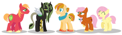 Size: 1706x494 | Tagged: safe, artist:everythingf4ngirl, artist:selenaede, big macintosh, fluttershy, oc, oc:butterscotch, oc:parasite, oc:sweet apple, earth pony, hybrid, pegasus, pony, g4, adopted offspring, alternate hairstyle, base used, beard, earth pony oc, facial hair, family, female, freckles, jewelry, male, mare, necklace, offspring, parent:big macintosh, parent:fluttershy, parents:fluttermac, pegasus oc, ship:fluttermac, shipping, short mane, simple background, stallion, straight, white background