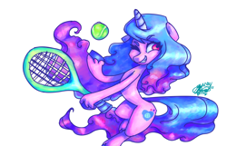 Size: 1412x912 | Tagged: safe, artist:mannybcadavera, izzy moonbow, pony, unicorn, g5, my little pony: a new generation, ball, bipedal, female, hoof hold, mare, one eye closed, simple background, smiling, solo, tennis ball, tennis racket, white background