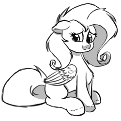 Size: 826x826 | Tagged: safe, artist:binkyt11, derpibooru exclusive, fluttershy, pegasus, pony, g4, aside glance, chest fluff, female, floppy ears, folded wings, lineart, looking at you, mare, messy mane, missing cutie mark, monochrome, simple background, sitting, smiling, solo, three quarter view, white background, wings