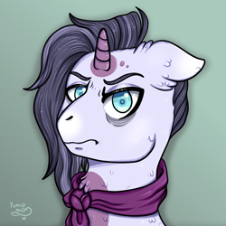 Size: 2000x2000 | Tagged: safe, artist:yumomochan, oc, pony, unicorn, angry, bags under eyes, bust, clothes, commission, grumpy, high res, male, scarf, stallion