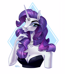 Size: 3300x3770 | Tagged: safe, artist:holivi, rarity, unicorn, anthro, g4, breasts, bust, busty rarity, cleavage, clothes, dress, female, high res, hoers, horn, horn ring, jewelry, looking at you, mare, necklace, ring, smiling, smiling at you