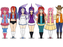 Size: 600x450 | Tagged: safe, artist:akinnasweet, applejack, fluttershy, pinkie pie, rainbow dash, rarity, sunset shimmer, twilight sparkle, human, g4, alternate mane seven, clothes, dress, horn, horned humanization, humanized, kisekae, looking at you, mane six, open mouth, open smile, shadow, simple background, smiling, smiling at you, spread wings, transparent background, winged humanization, wings