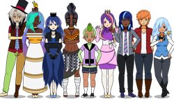 Size: 818x481 | Tagged: safe, artist:flowerpower138, big macintosh, discord, princess cadance, princess celestia, princess luna, shining armor, spike, trixie, zecora, human, g4, bunny ears (gesture), dark skin, grin, hat, humanized, kisekae, looking at you, magic wand, shadow, simple background, smiling, smiling at you, top hat, transparent background, waving, waving at you