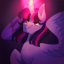 Size: 1773x1773 | Tagged: safe, artist:neonbugzz, twilight sparkle, alicorn, pony, g4, looking at something, magic, remake, smiling, solo, twilight sparkle (alicorn)