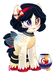 Size: 900x1173 | Tagged: safe, artist:khimi-chan, oc, oc only, bee pony, original species, pony, bow, deviantart watermark, female, food, hair bow, heterochromia, honey, hoof polish, mare, obtrusive watermark, simple background, smiling, solo, transparent background, watermark, wings