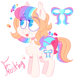 Size: 1019x1037 | Tagged: safe, artist:awoomarblesoda, oc, oc only, oc:frosting, bat pony, pony, bat pony oc, bat wings, bow, chest fluff, eye clipping through hair, eyelashes, female, mare, multicolored hair, rainbow hair, reference sheet, simple background, smiling, tail, tail bow, transparent background, wings