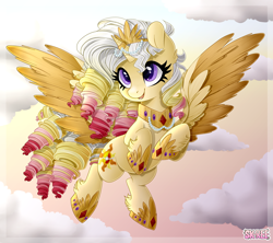 Size: 2480x2202 | Tagged: safe, artist:centchi, artist:sk-ree, oc, oc only, oc:sunlight aria, alicorn, pony, alicorn oc, colored wings, colored wingtips, corkscrew curls, curly mane, female, flying, gradient mane, high res, horn, jewelry, magical lesbian spawn, mare, necklace, offspring, open mouth, open smile, parent:princess celestia, parent:sunset shimmer, parents:sunsestia, princess shoes, regalia, sky, smiling, solo, spread wings, unshorn fetlocks, wings