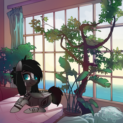 Size: 1000x1000 | Tagged: safe, artist:nazori, oc, oc only, pegasus, pony, commission, female, indoors, lying down, mare, pegasus oc, prone, smiling, solo, tree, wings, ych result