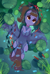 Size: 1300x1900 | Tagged: safe, alternate character, alternate version, artist:nazori, oc, oc only, fish, pegasus, pony, cattails, commission, featureless crotch, lilypad, lying down, on back, outdoors, pegasus oc, pond, reeds, solo, spread wings, water, wings, ych result