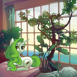 Size: 1000x1000 | Tagged: safe, artist:nazori, oc, oc only, pony, unicorn, commission, female, horn, indoors, lying down, mare, prone, smiling, solo, tree, unicorn oc, wings, ych result