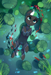 Size: 1300x1900 | Tagged: safe, alternate character, alternate version, artist:nazori, oc, oc only, earth pony, fish, pony, cattails, commission, earth pony oc, featureless crotch, lilypad, lying down, on back, outdoors, pond, reeds, solo, water, ych result