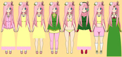 Size: 700x330 | Tagged: safe, artist:roseprincessmitia, fluttershy, human, g4, bra, breasts, busty fluttershy, clothes, dress, earmuffs, evening gloves, female, flower, flower in hair, gloves, humanized, jacket, jewelry, kisekae, long gloves, necklace, panties, scarf, simple background, solo, sweater, underwear, yellow background