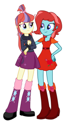 Size: 1024x1751 | Tagged: safe, artist:mixiepie, moondancer, oc, oc:charming heart, equestria girls, g4, boots, comfort, comforting, duo, duo female, equestria girls oc, equestria girls-ified, female, high heel boots, shoes, simple background, teary eyes, transparent background
