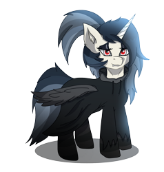 Size: 1544x1620 | Tagged: safe, artist:zadrex, oc, oc only, oc:zavada, alicorn, pony, 2022 community collab, derpibooru community collaboration, alicorn oc, clothes, ear fluff, eyelashes, fangs, feathered wings, female, full body, horn, makeup, mare, red eyes, shadow, simple background, solo, standing, transparent background, wings