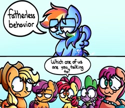 Size: 768x664 | Tagged: safe, artist:carousilly64, apple bloom, applejack, rainbow dash, scootaloo, spike, sunny starscout, dragon, earth pony, pegasus, pony, g4, g5, my little pony: a new generation, 2 panel comic, :t, apple sisters, applejack's hat, bag, comic, cowboy hat, dark comedy, dialogue, eye clipping through hair, female, filly, foal, freckles, frown, hat, lidded eyes, male, mare, open mouth, open smile, owo, rainbow douche, siblings, sisters, smiling, speech bubble, spread wings, wings