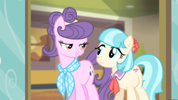 Size: 1920x1080 | Tagged: safe, screencap, coco pommel, suri polomare, earth pony, pony, g4, rarity takes manehattan, season 4, duo, duo female, eye contact, female, grin, lidded eyes, looking at each other, looking at someone, mare, smiling