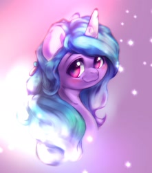 Size: 1668x1888 | Tagged: safe, artist:kurogewapony, izzy moonbow, pony, unicorn, g5, my little pony: a new generation, abstract background, blushing, bust, cute, female, izzybetes, looking at you, mare, smiling, smiling at you, solo