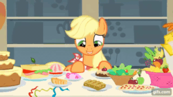 Size: 640x360 | Tagged: safe, screencap, applejack, carrot cake, earth pony, pony, a bird in the hoof, g4, season 1, animated, apple, apple fritter (food), bandana, cake, female, floppy ears, food, gif, gifs.com, jello, male, mare, open mouth, open smile, pure unfiltered evil, salad, sandwich, smiling, stallion, sugarcube corner