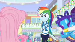 Size: 3410x1920 | Tagged: safe, screencap, fluttershy, rainbow dash, rarity, dashing through the mall, equestria girls, equestria girls specials, g4, my little pony equestria girls: better together, my little pony equestria girls: holidays unwrapped, bracelet, clothes, cutie mark on clothes, female, geode of super speed, high res, hoodie, jewelry, magical geodes, male, necklace, offscreen character, offscreen male, present, rarity peplum dress