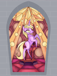 Size: 2400x3200 | Tagged: safe, artist:sixes&sevens, dinky hooves, pony, unicorn, fanfic:closer to the void, g4, fanfic, fanfic art, fanfic cover, female, high res, rearing, redraw, solo, stained glass, tardis control room