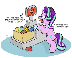Size: 3120x2516 | Tagged: safe, artist:doodledonutart, starlight glimmer, pony, unicorn, g4, angry, bipedal, butt, comic, female, glimmer glutes, high res, machine, mare, open mouth, plot, self-checkout, shopping, solo