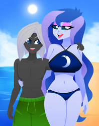 Size: 1589x2013 | Tagged: safe, artist:xan-gelx, princess luna, vice principal luna, oc, oc:night quill, human, equestria girls, g4, age difference, arm behind back, beach, belly button, bikini, bikini bottom, bikini top, breasts, busty princess luna, canon x oc, clothes, cougar, couple, curvy, duo, eyelashes, eyeshadow, female, halter top, height difference, holding, hourglass figure, larger female, lips, luill, makeup, midriff, sexy, size difference, swimming trunks, swimsuit, thighs, wide hips