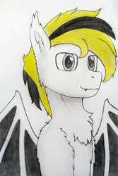 Size: 2758x4137 | Tagged: safe, artist:hory, oc, oc only, oc:hory, bat pony, pony, bat pony oc, bust, fangs, high res, male, monochrome, simple background, smiling, solo, stallion, traditional art, white background, wings