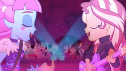 Size: 1264x719 | Tagged: safe, screencap, kiwi lollipop, sunset shimmer, equestria girls, equestria girls specials, g4, my little pony equestria girls: better together, my little pony equestria girls: sunset's backstage pass, duo, duo female, female, guitar, k-lo, musical instrument, singing